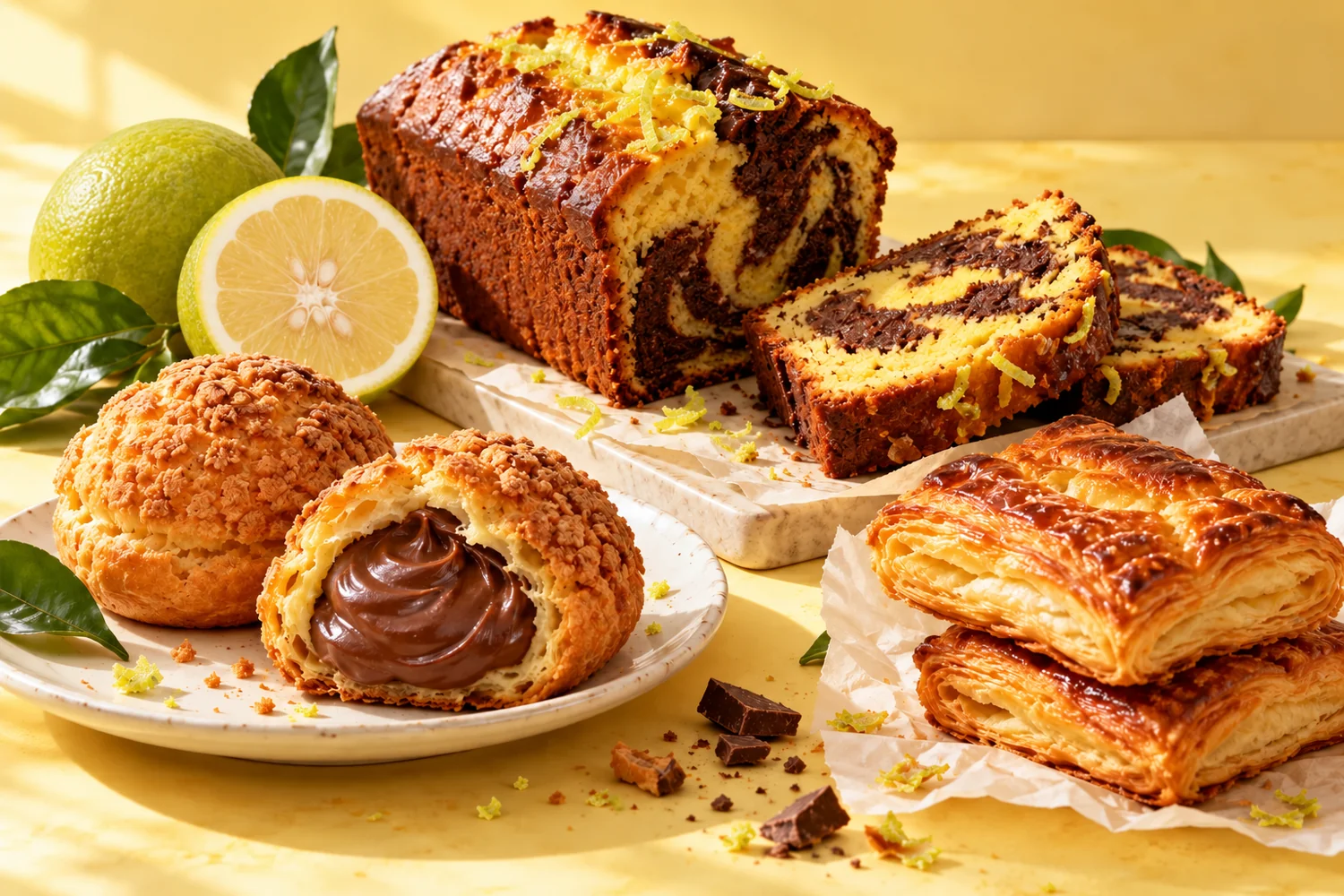 Golden cream puffs, citrus marble cake and flaky pastries, beautifully arranged with fresh green-yellow mosambi